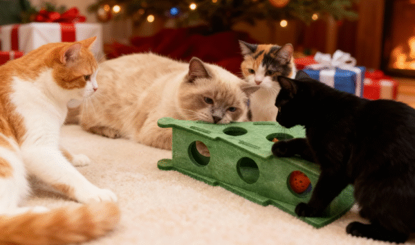 7.4 Cat Puzzle Toys, Maze Holes Toy Felt Box with Bell Ball Kitten Playing Toys Inter